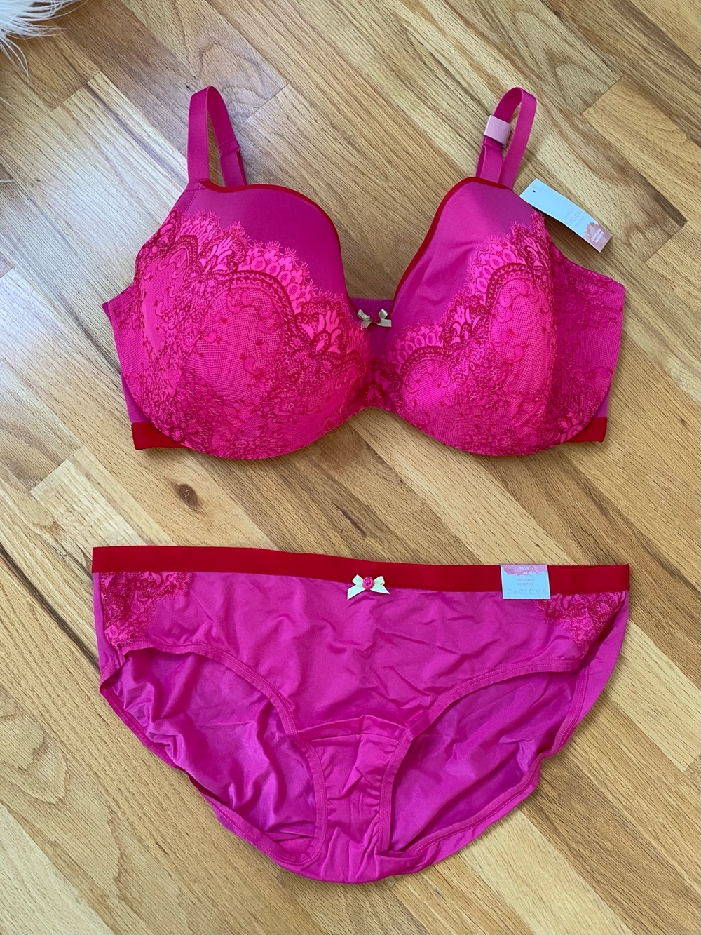Cacique Lane Bryant NEW Hot Pink Lace-Trim Bra & Hipster Brief Set